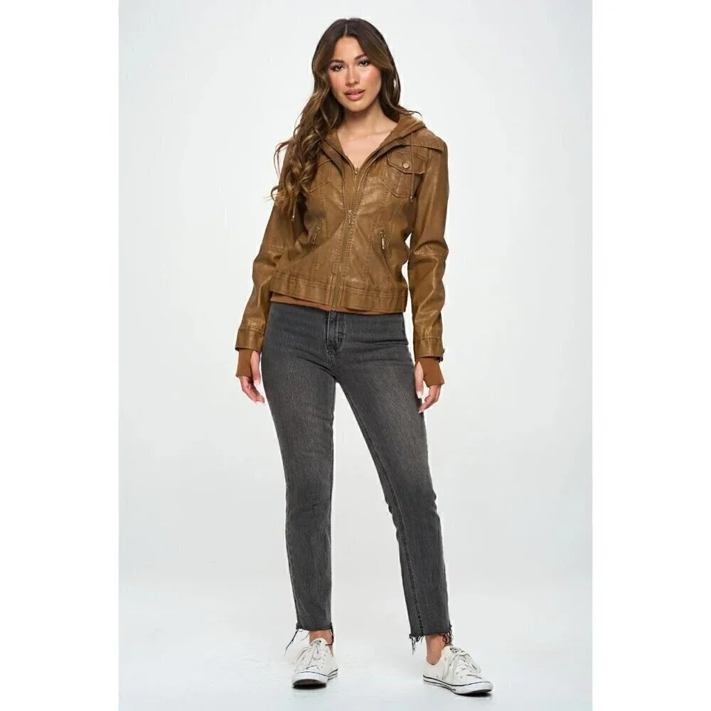 Coalition LA Camel Bomber Jacket Hoodie Double Zip Vegan Leather Sz Large NWT - Picture 10 of 12